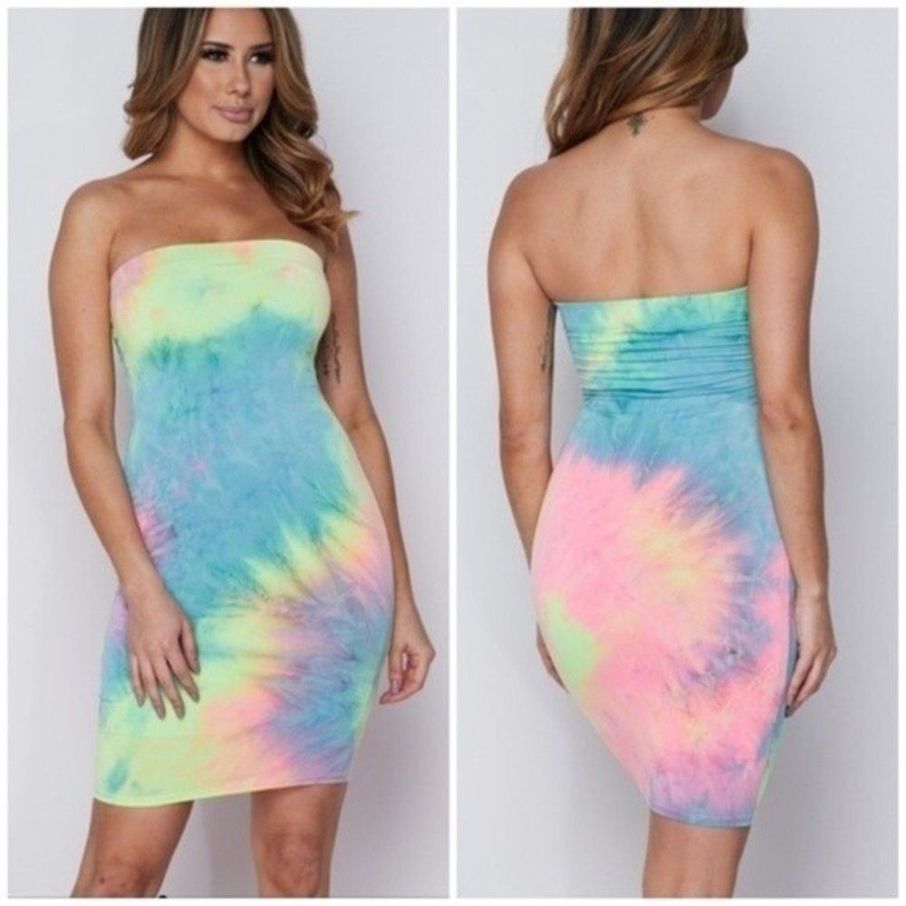 Pastel Tie Dye Tube Strapless Bodycon Dress - Great for Vacation/ Holida…